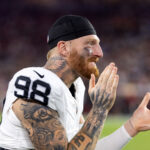 Aug 23, 2025; Glendale, Arizona, USA; Las Vegas Raiders defensive end Maxx Crosby (98) against the Arizona Cardinals during a preseason NFL game at State Farm Stadium. Mandatory Credit: Mark J. Rebilas-Imagn Images