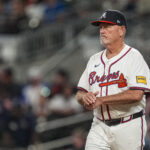 Sep 10, 2025; Cumberland, Georgia, USA; Atlanta Braves manager Brian Snitker (43) on the field against the Chicago Cubs during the eighth inning at Truist Park. Mandatory Credit: Dale Zanine-Imagn Images