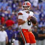 Sep 14, 2025; Baltimore, Maryland, USA; Cleveland Browns quarterback Dillon Gabriel (8) drops back to pass during the second half against the Baltimore Ravens at M&T Bank Stadium. Mandatory Credit: Peter Casey-Imagn Images
