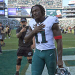 Sep 21, 2025; Philadelphia, Pennsylvania, USA; Philadelphia Eagles wide receiver AJ. Brown (11) walks off the field after win against the Los Angeles Rams at Lincoln Financial Field.