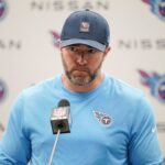 Tennessee Titans coach Brian Callahan takes questions after their 41-20 loss against the Indianapolis Colts at Nissan Stadium in Nashville, Tenn., Sunday, Sept. 21, 2025.