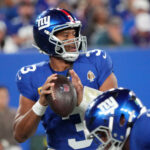 Sep 21, 2025; East Rutherford, New Jersey, USA; New York Giants quarterback Russell Wilson (3) looks to pass against the Kansas City Chiefs in the second quarter at MetLife Stadium. Mandatory Credit: Robert Deutsch-Imagn Images