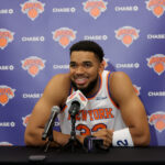 Sep 23, 2025; New York, NY, USA; New York Knicks center Karl-Anthony Towns speaks to the media during a media day press conference at the Madison Square Garden training center.