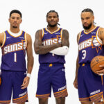 Sep 24, 2025; Phoenix, AZ, USA; Phoenix Suns guard Devin Booker (1), forward Dillon Brooks (3) and guard Jalen Green (4) pose for portrait during Media Day at PHX Arena. Mandatory Credit: Mark J. Rebilas-Imagn Images