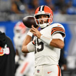 Sep 28, 2025; Detroit, Michigan, USA; Cleveland Browns quarterback Joe Flacco (15) warms up before the game against the Detroit Lions at Ford Field. Mandatory Credit: Lon Horwedel-Imagn Images