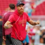 Sep 28, 2025; Santa Clara, California, USA; San Francisco 49ers tight end George Kittle (85) warms up before the game against the Jacksonville Jaguars at Levi's Stadium. Mandatory Credit: Darren Yamashita-Imagn Images