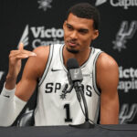 Sep 29, 2025; San Antonio, TX, USA; San Antonio Spurs forward-center Victor Wembanyama (1) answers questions from the media during Media Day at Victory Capital Performance Center in San Antonio. Mandatory Credit: Scott Wachter-Imagn Images