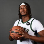 Sep 29, 2025; Milwaukee, WI, USA; Milwaukee Bucks center Myles Turner (3) poses for a picture during Milwaukee Bucks Media Day at the Fiserv Forum. Mandatory Credit: Benny Sieu-Imagn Images