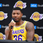 Sep 29, 2025; Los Angeles, CA, USA; Los Angeles Lakers guard Marcus Smart (36) during media day at UCLA Health Training Center. Mandatory Credit: Gary A. Vasquez-Imagn Images