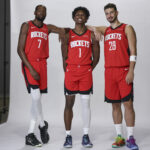 Sep 29, 2025; Houston, TX, USA; Houston Rockets forward Kevin Durant (7) and forward Amen Thompson (1) and center Alperen Sengun (28) during Houston Rockets media day at Toyota Center.