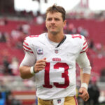 Sep 28, 2025; Santa Clara, California, USA; San Francisco 49ers quarterback Brock Purdy (13) after the game against the Jacksonville Jaguars at Levi's Stadium. Mandatory Credit: Darren Yamashita-Imagn Images