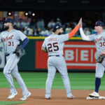 Oct 4, 2025; Seattle, Washington, USA; Detroit Tigers second baseman Gleyber Torres (25) celebrates with outfielder Kerry Carpenter (30) after defeating the Seattle Mariners during game one of the ALDS round for the 2025 MLB playoffs at T-Mobile Park. Mandatory Credit: Joe Nicholson-Imagn Images