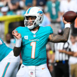 Oct 5, 2025; Charlotte, North Carolina, USA; Miami Dolphins quarterback Tua Tagovailoa (1) passes the ball in the fourth quarter at Bank of America Stadium. Mandatory Credit: Bob Donnan-Imagn Images