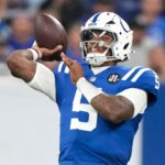 Indianapolis Colts quarterback Anthony Richardson (5) throws a pass Sunday, Oct. 5, 2025, during a game against the Las Vegas Raiders at Lucas Oil Stadium in Indianapolis. The Colts defeated the Raiders 40-6.