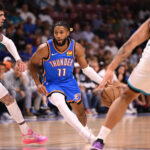 Oct 5, 2025; North Charleston, South Carolina, USA; Oklahoma City Thunder guard Isaiah Joe (11) drives the paint against the Charlotte Hornets in the first quarter at North Charleston Coliseum. Mandatory Credit: Arthur Ellis-Imagn Imae.ges