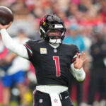 Oct 5, 2025; Glendale, Arizona, USA; Arizona Cardinals quarterback Kyler Murray (1) makes a throw against the Tennessee Titans during the fourth quarter at State Farm Stadium. Mandatory Credit: Joe Camporeale-Imagn Images