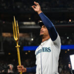 Oct 5, 2025; Seattle, Washington, USA; Seattle Mariners center fielder Julio Rodriguez (44) celebrates after defeating the Detroit Tigers in game two of the ALDS round for the 2025 MLB playoffs at T-Mobile Park. Mandatory Credit: Steven Bisig-Imagn Images