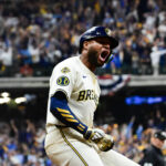 Oct 6, 2025; Milwaukee, Wisconsin, USA; Milwaukee Brewers center fielder Jackson Chourio (11) celebrates after hitting a three run home run during the fourth inning against the Chicago Cubs during game two of the NLDS round for the 2025 MLB playoffs at American Family Field. Mandatory Credit: Benny Sieu-Imagn Images