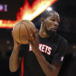 Oct 8, 2025; Houston, Texas, USA; Houston Rockets forward Kevin Durant (7) warms up before the game against the Utah Jazz at Toyota Center. Mandatory Credit: Troy Taormina-Imagn Images