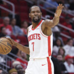 Oct 8, 2025; Houston, Texas, USA; Houston Rockets forward Kevin Durant (7) dribbles the ball during the third quarter against the Utah Jazz at Toyota Center. Mandatory Credit: Troy Taormina-Imagn Images