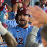 Onde assistir Oct 8, 2025; Los Angeles, California, USA; Philadelphia Phillies designated hitter Kyle Schwarber (12) celebrates after hitting a two run home run during the eighth inning against the Los Angeles Dodgers during game three of the NLDS round for the 2025 MLB playoffs at Dodger Stadium. Mandatory Credit: Jayne Kamin-Oncea-Imagn Images