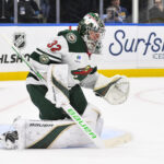 Oct 9, 2025; St. Louis, Missouri, USA; Minnesota Wild goaltender Filip Gustavsson (32) defends the net against the St. Louis Blues during the second period at Enterprise Center. Mandatory Credit: Jeff Curry-Imagn Images