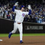 Oct 9, 2025; Chicago, Illinois, USA; Chicago Cubs right fielder Kyle Tucker (30) reacts after hitting a home run against the Milwaukee Brewers during the seventh inning for game four of the NLDS round for the 2025 MLB playoffs at Wrigley Field. Mandatory Credit: David Banks-Imagn Images