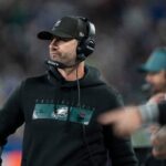 Philadelphia Eagles head coach Nick Sirianni coaches from the sidelines during a Thursday Night Football game between the New York Giants and the Philadelphia Eagles at MetLife Stadium in East Rutherford on Oct. 9, 2025.