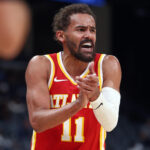 Oct 11, 2025; Memphis, Tennessee, USA; Atlanta Hawks guard Trae Young (11) reacts during the third quarter against the Memphis Grizzlies at FedExForum. Mandatory Credit: Petre Thomas-Imagn Images