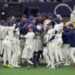 The Milwaukee Brewers celebrate their 3-1 win over the Chicago Cubs after their National League Division Series game Saturday, October 11, 2025 at American Family Field in Milwaukee, Wisconsin. Mark Hoffman/Milwaukee Journal Sentinel