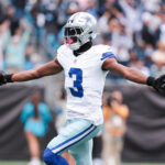 Oct 12, 2025; Charlotte, North Carolina, USA; Dallas Cowboys wide receiver George Pickens (3) celebrates a touchdown during the second half against the Carolina Panthers at Bank of America Stadium. Mandatory Credit: Scott Kinser-Imagn Images