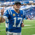 Indianapolis Colts quarterback Daniel Jones (17) makes his way off the field Sunday, Oct. 12, 2025, after a 31-27 win over the Arizona Cardinals at Lucas Oil Stadium.