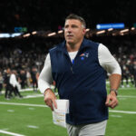 Oct 12, 2025; New Orleans, Louisiana, USA; New England Patriots head coach Mike Vrabel runs off the field following a game against the New Orleans Saints at Caesars Superdome. Mandatory Credit: Matthew Hinton-Imagn Images