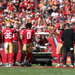 Oct 12, 2025; Tampa, Florida, USA; San Francisco 49ers middle linebacker Fred Warner (54) is carted off the field during the first quarter against the Tampa Bay Buccaneers at Raymond James Stadium.