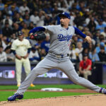 Oct 13, 2025; Milwaukee, Wisconsin, USA; Los Angeles Dodgers starting pitcher Blake Snell (7) throws during the first inning against the Milwaukee Brewers during game one of the NLCS round for the 2025 MLB playoffs at American Family Field. Mandatory Credit: Benny Sieu-Imagn Images