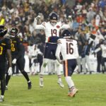 Oct 13, 2025; Landover, Maryland, USA; Chicago Bears kicker Jake Moody (16) celebrates with punter Tory Taylor (19) after kicking a game-winning field goal against the Washington Commanders during the fourth quarter at Northwest Stadium.