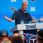 Tennessee Titans interim head coach Mike McCoy speaks to the media during his first press conference as interim head coach at Ascension Saint Thomas Sports Park in Nashville, Tenn., Tuesday, Oct. 14, 2025. Titans head coach Brian Callahan was fired Monday after leading the team to a 4-19 record over his tenure.