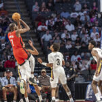 Oct 14, 2025; Birmingham, Alabama, USA; Houston Rockets forward Kevin Durant (7) shoots against the New Orleans Pelicans during an NBA preseason game at Legacy Arena at BJCC. Mandatory Credit: Vasha Hunt-Imagn Images