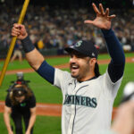 Oct 17, 2025; Seattle, Washington, USA; Seattle Mariners third baseman Eugenio Suarez (28) celebrates after winning game five of the ALCS round for the 2025 MLB playoffs against the Toronto Blue Jays at T-Mobile Park.