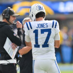 Oct 19, 2025; Inglewood, California, USA; Indianapolis Colts quarterback Daniel Jones (17) speaks with head coach Shane Steichen in the first quarter against the Los Angeles Chargers at SoFi Stadium. Mandatory Credit: Jayne Kamin-Oncea-Imagn Images