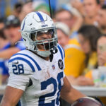 Oct 19, 2025; Inglewood, California, USA; Indianapolis Colts running back Jonathan Taylor (28) celebrates a touchdown in the second half against the Los Angeles Chargers at SoFi Stadium. Mandatory Credit: Jayne Kamin-Oncea-Imagn Images