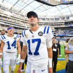 Oct 19, 2025; Inglewood, California, USA; Indianapolis Colts quarterback Daniel Jones (17) looks on after the game against the Los Angeles Chargers at SoFi Stadium. Mandatory Credit: Gary A. Vasquez-Imagn Images