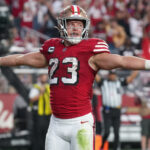 Oct 19, 2025; Santa Clara, California, USA; San Francisco 49ers running back Christian McCaffrey (23) celebrates after a touchdown during the second quarter against the Atlanta Falcons at Levi's Stadium. Mandatory Credit: Kyle Terada-Imagn Images
