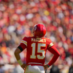 Onde assistir NFL Oct 19, 2025; Kansas City, Missouri, USA; Kansas City Chiefs quarterback Patrick Mahomes (15) reacts during the first half against the Las Vegas Raiders at GEHA Field at Arrowhead Stadium. Mandatory Credit: Jay Biggerstaff-Imagn Images