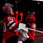 Oct 22, 2025; Newark, New Jersey, USA; New Jersey Devils goaltender Nico Daws (50) reacts after winning against the Minnesota Wild at Prudential Center. Mandatory Credit: John Jones-Imagn Images