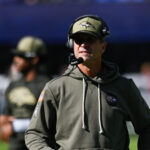 Oct 26, 2025; Baltimore, Maryland, USA; Baltimore Ravens head coach John Harbaugh looks on during the first quarter against the Chicago Bears at M&T Bank Stadium. Mandatory Credit: Tommy Gilligan-Imagn Images
