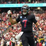Oct 26, 2025; Houston, Texas, USA; Houston Texans quarterback C.J. Stroud (7) reacts during the second half against the San Francisco 49ers at NRG Stadium. Mandatory Credit: Sean Thomas-Imagn Images
