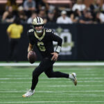 Oct 26, 2025; New Orleans, Louisiana, USA; New Orleans Saints quarterback Tyler Shough (6) runs for a gain during the fourth quarter against the Tampa Bay Buccaneers at Caesars Superdome. Mandatory Credit: Stephen Lew-Imagn Images