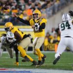 Pittsburgh Steelers quarterback Aaron Rodgers (8) fires the ball downfield during the first half against the Green Bay Packers at Acrisure Stadium in Pittsburgh, PA on October 26, 2025.
