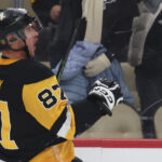 Oct 27, 2025; Pittsburgh, Pennsylvania, USA; Pittsburgh Penguins center Sidney Crosby (87) celebrates his goal against St. Louis Blues during the third period at PPG Paints Arena. Mandatory Credit: Charles LeClaire-Imagn Images